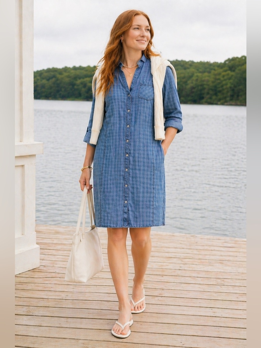 Chambray Shirtdress M Roll-Tab Sleeve Gingham Check Coastal Preppy Tomato Girl - Picture 11 of 12